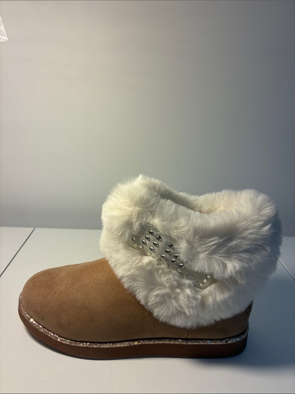 Juicy Couture Tan Faux Suede Booties with Cream Fur Cuff & Rhinestone Tab